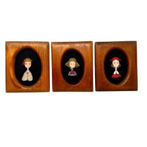 Vintage Folk Art Portraits - Set Of 3 Hand-Painted Oval Wood Plaques 1950's–60's